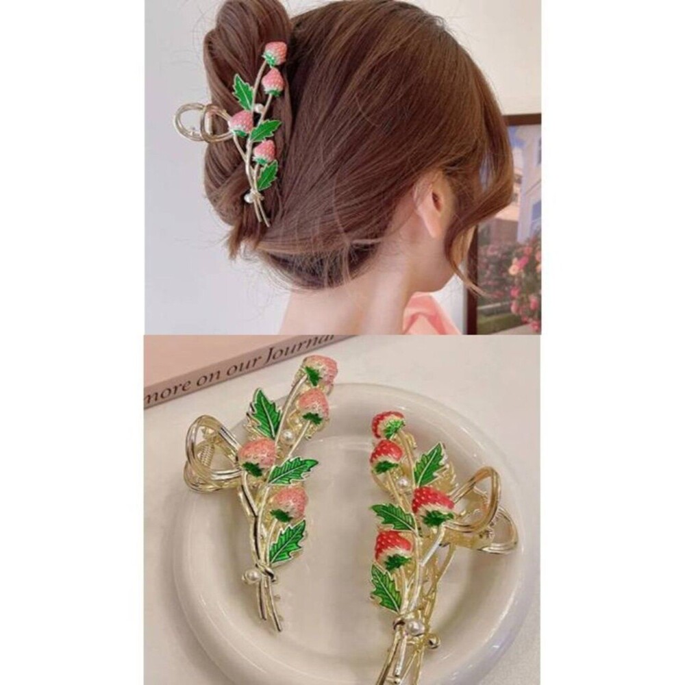 Gold-Tone Strawberry & Leaf Hair Claw Clip 2 Set Red and Pink Pearl Accents